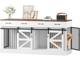 SELOOYE Dog Crate Furniture for 2 Dogs 71'' Extra Large Wooden Double Dog Crate TV Stand with Removable Divider, Multi-Functional Dog Cage with 4 Storage Drawers & 4 Doors for Large & Medium Dogs SELOOYE