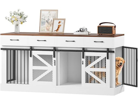 SELOOYE Dog Crate Furniture for 2 Dogs 71'' Extra Large Wooden Double Dog Crate TV Stand with Removable Divider, Multi-Functional Dog Cage with 4 Storage Drawers & 4 Doors for Large & Medium Dogs SELOOYE