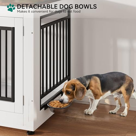 YITAHOME 39" Dog Crate Furniture, Wooden Side End Table with Adjustable Feet and Removable Bowls, Dog Kennel Indoor for Medium Large Dogs YITAHOME