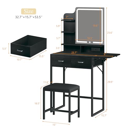 ALEXNUTRE Makeup Vanity Desk with Mirror and Lights, Small Vanity with Fabric Storage Drawer & Chair & Shelves, Vanity with Fold-up Panel and Power Outlet for Bedroom ALEXNUTRE