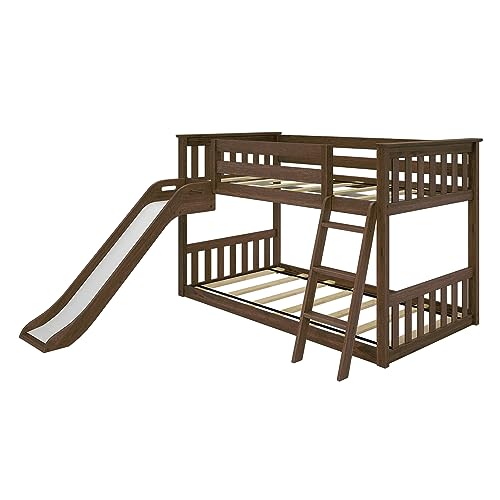 Max & Lily Twin Over Twin Low Bunk with Slide and Ladder, Wooden Bunk beds with 14” Safety Guardrail for Kids, Toddlers, Boys, Girls, Teens, Bedroom Furniture, Walnut Max & Lily