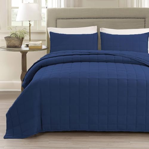 EMME Quilts Twin Size Bedding Sets Navy Blue Bedspread, Lightweight Soft Pre-Washed Quilt Comforter, 2 Piece, Cozy Reversible Coverlet with Pillow Sham for All Season (Square Pattern,66"x90") EMME