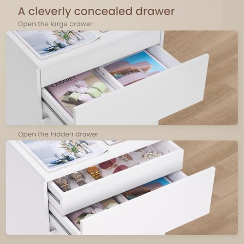 Draelibor Nightstand, 4 Drawers, 26" H with Hidden Drawer, Bedside Table with Charging Station, Modern Night Stand for Bedroom, White Draelibor
