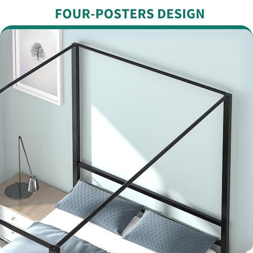 YITAHOME Canopy Bed Frame Metal Four Posters 14 Inch Platform with Built-in Headboard Strong Metal Slat Mattress Support, No Box Spring Needed, Black, Queen Size
