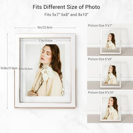 Axeman 8x10 Gold Floating Frame White Enamel Picture Frame with Metal Edge for 6x8, 5x7 up to 8x10 Photo Double Glass Floating Picture Frame for Desk Tabletop Shelf Vertical Display Axeman
