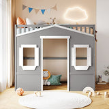 Merax Twin Size Loft Bed with Wardrobe, Space-Saving House Bed Frame with Safety Guard & Ladder for Small Bedroom, Gray+White Merax