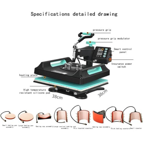 8 in 1 Heat Press, 38x38cm Multifunction Heat Transfer Machine, Precision Printer T-Shirt Textile Printing Machine Combo Kit for T Shirts/Mug/Hat/Plate/Cap CUTPOIY