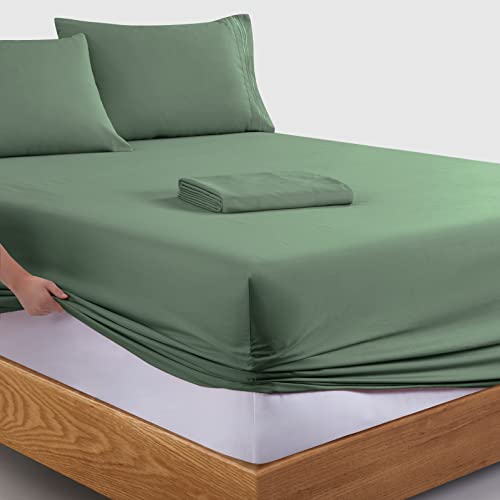 Manyshofu Extra Deep Pocket Full Size Sheets Set - Hotel Luxury 1800 Thread Count Sheets & Pillowcases - Kids Bedding Set up to 24" Mattress - Sage Green Bed Sheets 18-24 Inch Deep Pockets - 4 Piece Manyshofu