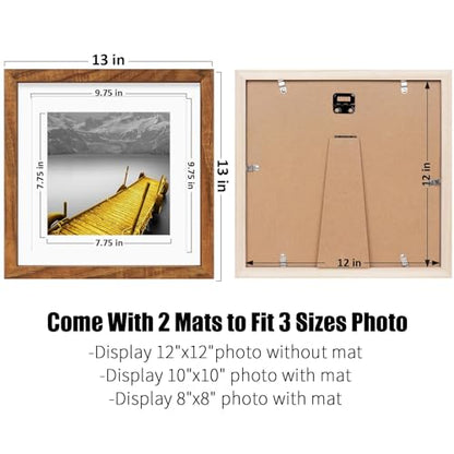 12x12 Picture Frames Solid Wood Display Pictures 10x10 or 8x8 with Mat or 12x12 without Mat - Each 12x12 Inch Square Photo Frames with 2 Mats Wooden