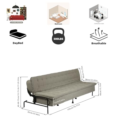 Homy Casa Modern Grey Futon Sofa Bed, 3-Position Adjustable Backrest, Metal Frame, 500 lbs, Convertible Daybed for Living Room/Guest Room/Studio Apartment Homy Casa