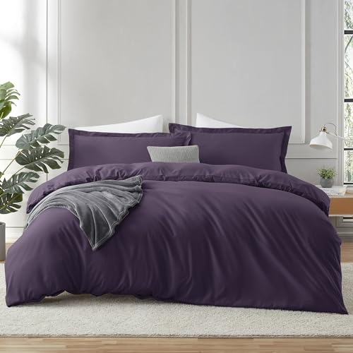 Hearth & Harbor Purple Duvet Cover King Size - 3 Piece Soft Double Brushed Bedding Set - Includes 1 King Duvet Cover with Button Closure 104x90 inches and 2 Pillow Shams Hearth & Harbor