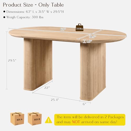 T4TREAM 63" Fluted Oval Dining Table for 4-6, Mid-Century Modern Kitchen Table with Thickened Edge & Strip Pedestal Base, Wood Luxury Table for Dining Room/Kitchen/Home Office,Natural Oak(Table Only) T4TREAM