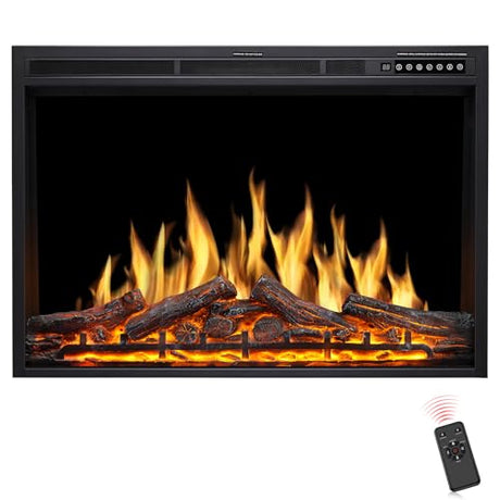 ZAFRO 37" Electric Fireplace Insert with Realistic Flame & Logs, Recessed Fireplace with Auto Color Adjustable Flame, Remote Control, 8H Timer, 750/1500W Heater ZAFRO