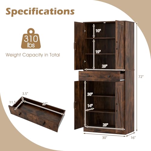 Giantex 72" Tall Kitchen Pantry Cabinet, Modern Farmhouse Pantry Storage Cabinet with 4 Barn Doors, Adjustable Shelves & Drawer, Buffet Cupboard with Living Room, Dining Room, Bathroom, Rustic Brown Giantex