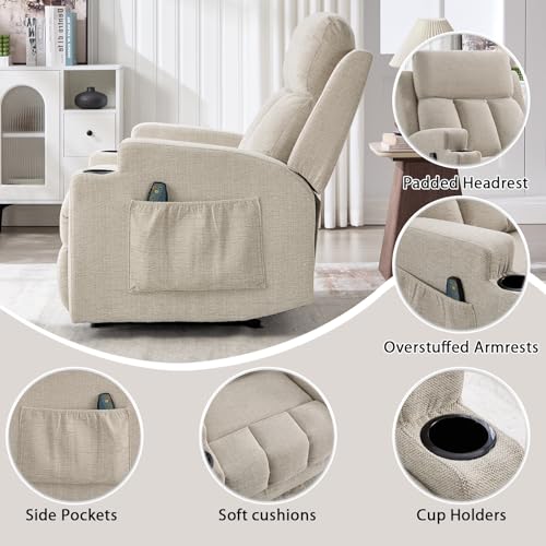 CANMOV Manual Recliner Chair with Massage and Heat,Comfy Recliner Chair Sofa with Overstuffed Arms and Back, Manual Reclining Single Sofa with 2 Cup Holders, Side Pocket for Living Room,Beige