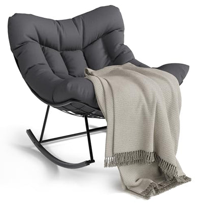 GarveeLife Outdoor Papasan Rocking Chair, Oversized Rocking Chair with Sturdy Metal Frame, Patio Egg Rocker for Balcony Backyard Porch Bedroom, Grey