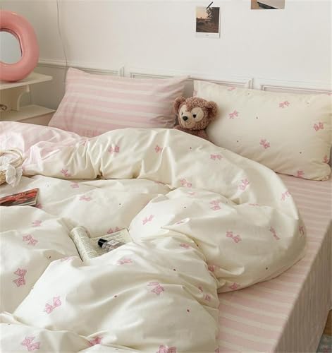 Sedefen Striped Duvet Cover Full Size Pink Stripes Bow Bedding Set 3 Pcs Cotton Princess Style Cute Bowknot Dot Reversible Comforter Cover for Kids Boys Girls with Zipper Closure and 2 Pillowcases Sedefen