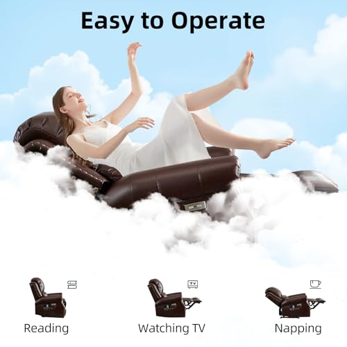 EBELLO Power Recliner Chair with Massage and Heat, Faux Leather Electric Massage Reclining Chair for Adults with Overstuffed Backrest and Side Pocket, Single Sofa for Living Room, Red Brown