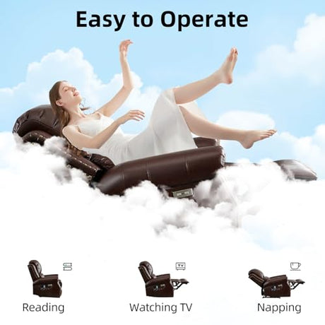 EBELLO Power Recliner Chair with Massage and Heat, Faux Leather Electric Massage Reclining Chair for Adults with Overstuffed Backrest and Side Pocket, Single Sofa for Living Room, Red Brown EBELLO