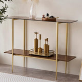 LumFurn Glass Console Table for Living Room, Foyer & Entrance, 2-Tiers Mid-Century Modern Sofa Table with Amber Glass Top, Walnut Finish Wood Shelf and Gold Finish Frame LumFurn