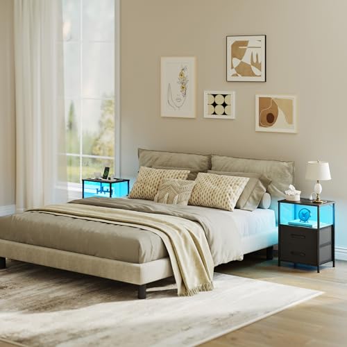 TRIFEBLE Nightstands Set of 2, Night Stand with Charging Station and Led Lights, Bedside Table with 2 Fabric Drawers for Bedroom, Small Side End Table with Open Shelf, Black TRIFEBLE