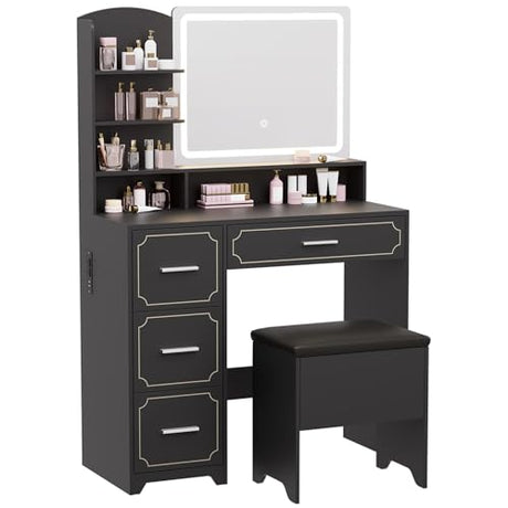 Hogxp Vanity Table with LED Mirror & Power Outlet - 5 Open Shelves, 4 Drawers - Includes Padded Stool - Ideal Bedroom Makeup Dressing Table （Black） Hogxp