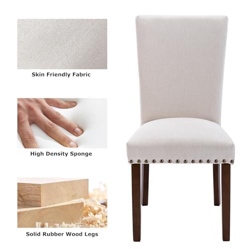 COLAMY Upholstered Parsons Dining Chairs Set of 2, Fabric Dining Room Kitchen Side Chair with Nailhead Trim and Wood Legs - Beige COLAMY