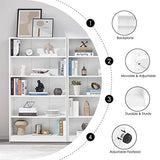 Farini Modern White 5-Tier Bookshelf - Adjustable Wood Bookcase for Bedroom, Office, or Living Room Farini