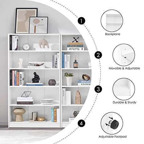 Farini Modern White 5-Tier Bookshelf - Adjustable Wood Bookcase for Bedroom, Office, or Living Room Farini