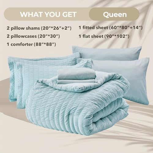 HYMOKEGE Lake Blue Queen Comforter Set Seersucker 7 Pieces, All Season Luxury Bed in a Bag for Bedroom, Bedding Set with Comforters, Sheets, Pillowcases & Shams HYMOKEGE