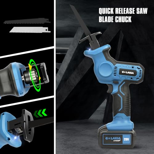 G LAXIA Reciprocating Saw, 20V Cordless Reciprocating Saw with 4.0Ah Battery, Tool-Free Blade Change, 3Pcs Blades for Wood, Soft Metal, PVC Pipe Cutting G LAXIA
