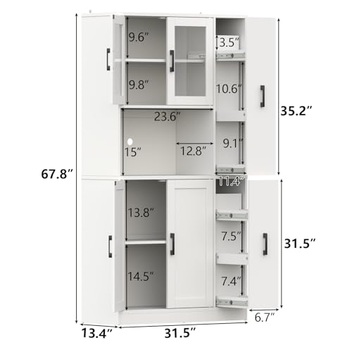 Gyfimoie 68" Tall Kitchen Pantry Cabinet with Side Drawer, Kitchen Pantry Storage Cabinet with Glass Door,Freestanding Food Hutch with Microwave Stand for Dining Room (White) Gyfimoie