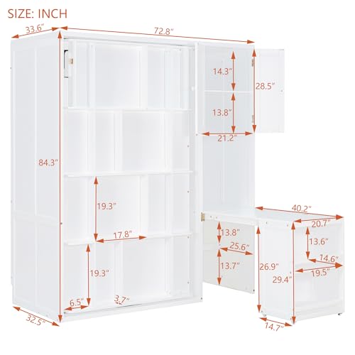 SOFTSEA Twin Size Murphy Bed with Desk, Bookshelf & Storage Cabinets, Space-Saving Foldable Wall Bed with Extendable Desk, White SOFTSEA