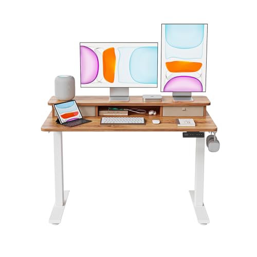 BANTI 48x24 Inch Electric Standing Desk with Dual Drawers, Height Adjustable Stand Up Table, Sit Stand Home Office Desk with Storage Shelf, White Frame/Light Rustic Brown Top BANTI