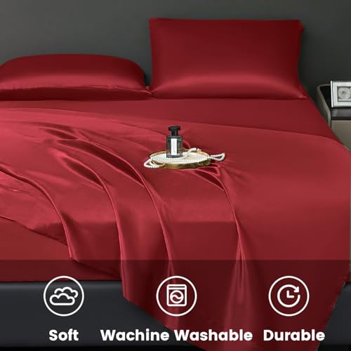 Revdomfly 4 Pcs Queen Size Luxury Silky Soft Wine Red Satin Sheet Set,1 Premium Moisture Wicking Fitted Sheet Fits Up to 16 Inches Deep Pocket + 1 Flat Sheet + 2 Pillowcases（Wine Red, Queen） Revdomfly