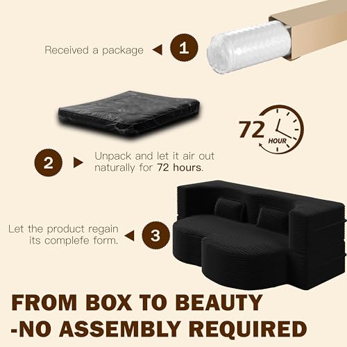 78" Full Size Convertible Futon Sofa Bed, Corduroy Folding Sleeper Sofa Bed with Pillow, Foam Mattress Futon Loveseat Couch, No Assembly Folding Boneless Couches for Living Room, Space‑Saving, Black extrasleep