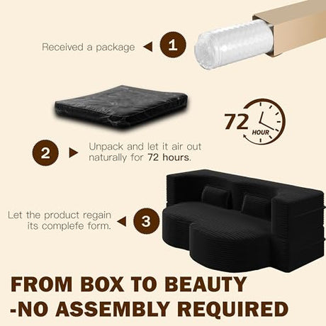 78" Full Size Convertible Futon Sofa Bed, Corduroy Folding Sleeper Sofa Bed with Pillow, Foam Mattress Futon Loveseat Couch, No Assembly Folding Boneless Couches for Living Room, Space‑Saving, Black extrasleep