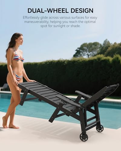 Carauci Lounge Chair Outdoor, HDPE Chaise Lounge with Wheels, 5-Position Adjustable Backrest & 2 Cup Holders Patio Lounge Chair, All-Weather Pool Sun Lounger for Poolside, Backyard, Black Carauci