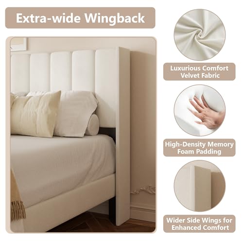 Queen Size Bed Frame with Vertical Chanel Tufted Headboard and Wingback, Upholstered Platform Bed, Strong Wooden Slats, Easy Assembly, Noise Free, No Box Spring Needed, Beige Velvet HAOARA