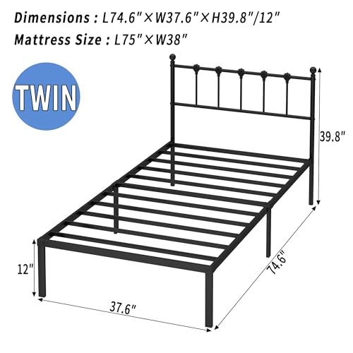 Kujielan Twin Size Bed Frame with Modern Headboard, Metal Platform Bed Base with Strong Support, No Box Spring Needed, Easy Assembly, Noise Free，Black Kujielan