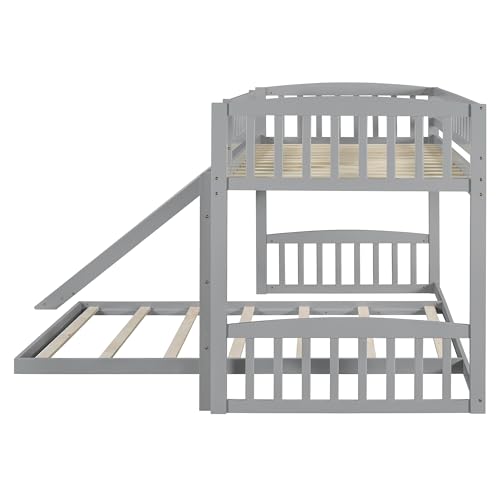 LZ LEISURE ZONE Twin Over Twin Bunk Bed, Wood Bunk Bed with Slide and Ladder, Gray LZ LEISURE ZONE