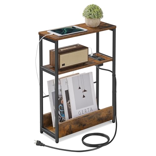 VASAGLE Side Table with Charging Station, Narrow End Table, 3-Tier Nightstand, Sofa Table for Small Spaces, Magazine Rack, for Living Room, Bedroom, Study, Rustic Brown and Ink Black ULET335K - WoodArtSupply