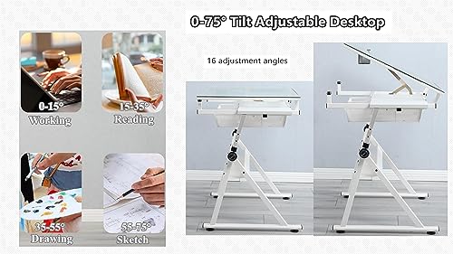 Landpink Glass Drafting Table Art Desk – Adjustable Professhional Artwork Drawing Drafting Table Desk, Glass-Topped Art Table for Craft Station Studio Home Office School w/Drawers/Chair (White) Landpink