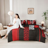 Erosebridal Zebra Cheetah Fur Pattern Black Red Adults Comforter Set Queen Size 7 Pieces | Leopard Print Stripes Bed in A Bag Zebra Cheetah Wild Animal Skin Bed Set Women Men Teens Bedding Erosebridal