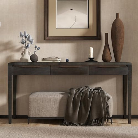 Merax 59.84'' Elegant Console Table with Oak Veneer,Light Luxury Entryway Table with 3 Drawers,Farmhouse Sofa Table with Soft-Corner Design,Suitable for Living Room, Foyer and Hallway, Black Merax
