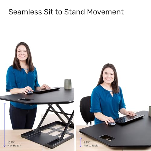 X-Elite Pro 40" Corner Standing Desk Converter with Pneumatic Lift | Adjustable Sit to Stand Riser, L-Shaped Desks & Cubicles | Fully Assembled Computer Workstation (Matte Black) Stand Steady