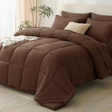 CozyLux Queen Comforter Set Brown - 7 Pieces Bed in a Bag Queen, All Season Breathable Bedding Sets, Oeko-Tex Certified Bed Set with Down Alternative Comforter, Sheets, Pillowcases & Pillow Shams CozyLux