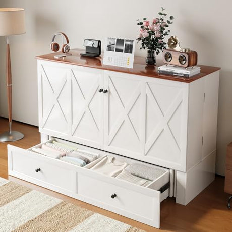 CECER Queen Size Murphy Bed with Tri-Folding Mattress，Murphy Bed Queen with 2 Large Storage Drawers and Charging Station for Small Spaces/Bedroom/Guest Room-（White） CECER