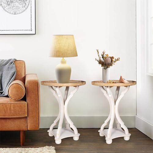 OneSpruce Farmhouse End Tables Living Room Set of 2, Round Side Tables Bedroom Set of 2, Wood Accent Table with Wood Pedestal, Vintage & Rustic, Distressed White