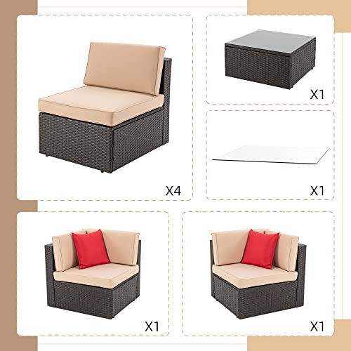 Shintenchi 7 Pieces Patio Furniture Sets Outdoor All-Weather Sectional Patio Sofa Set PE Rattan Manual Weaving Wicker Patio Conversation Set with Glass Table&Ottoman Cushion and Red Pillows, Beige Shintenchi